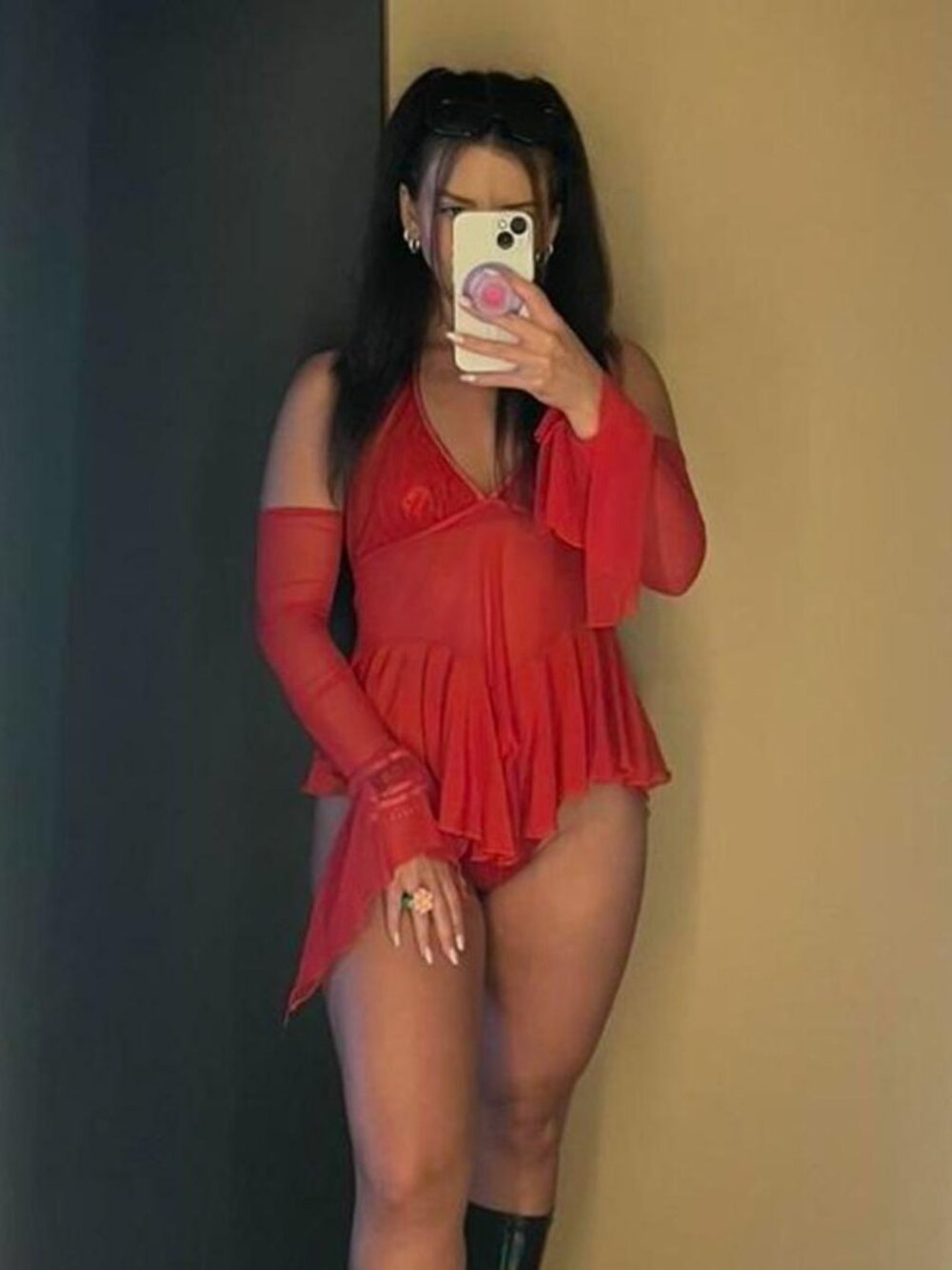 Jade Clark Red Bikini + Mesh Dress Set
